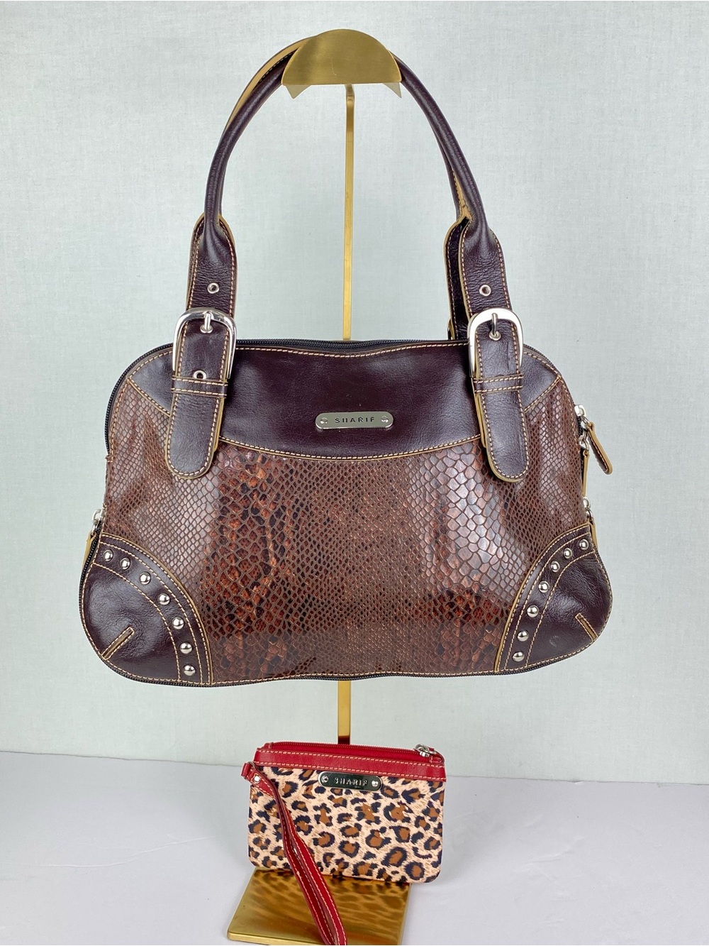 Sharif Brown Textured Leather Satchel with Leopard Accent Wristlet and Red Trim